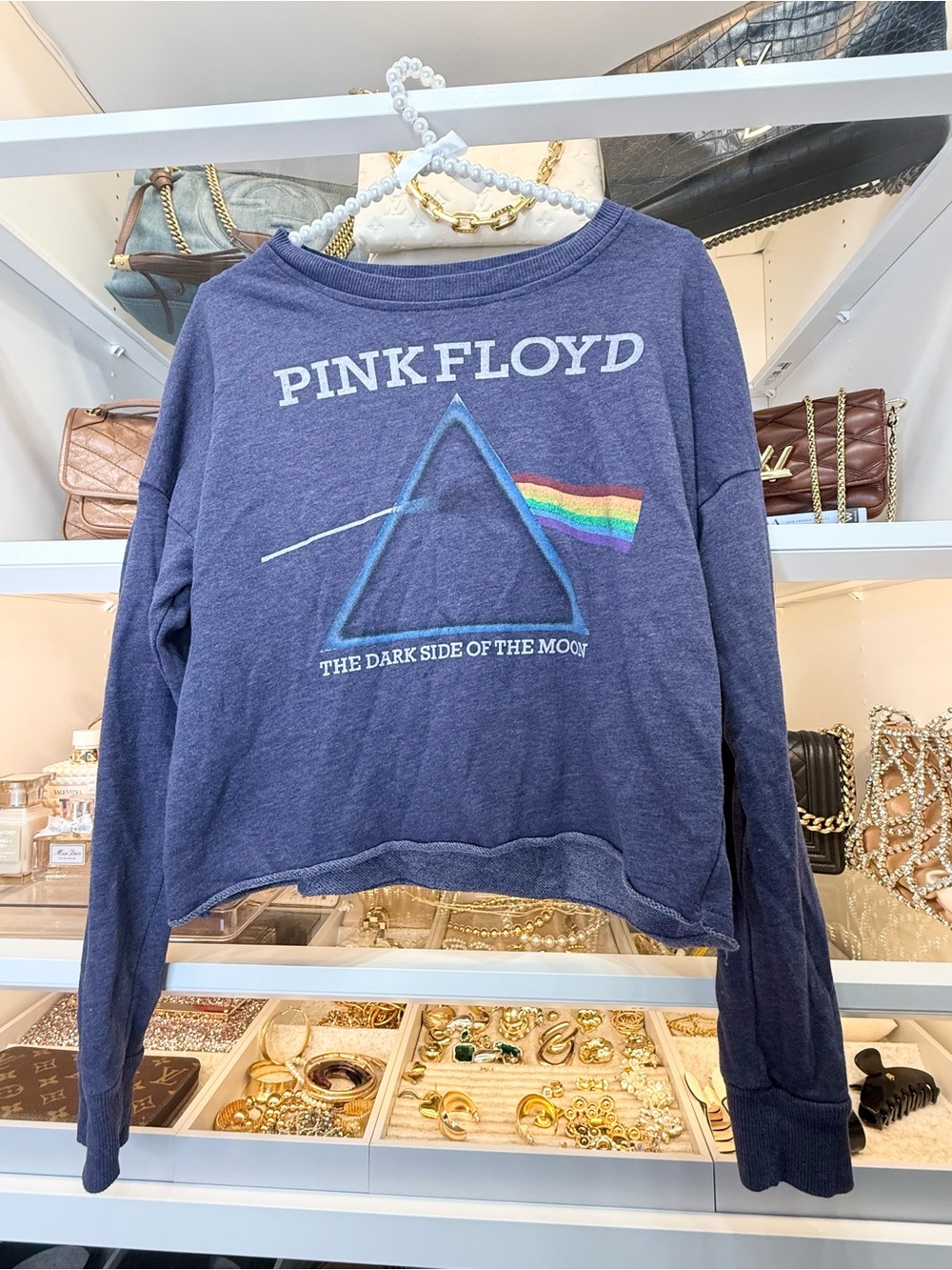 Pink Floyd Women’s Sweatshirt with Prism Rainbow Graphic in Heather Blue